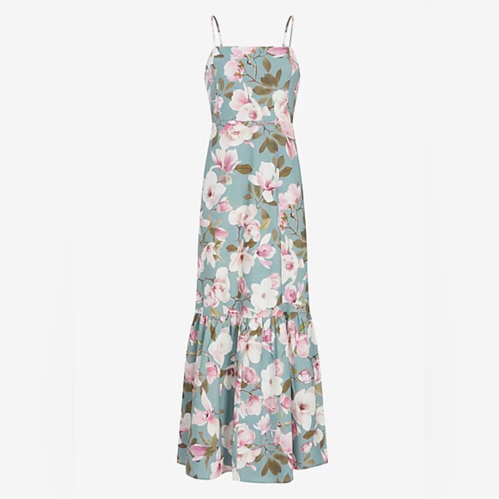 Floral Print Square Neck Tiered Poplin Maxi Dress